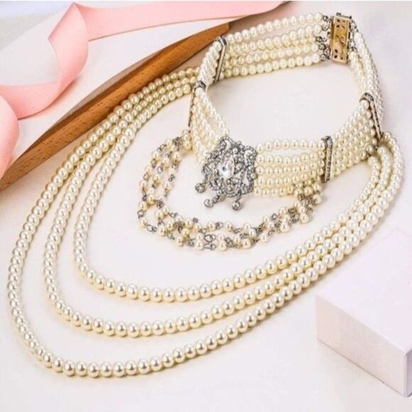 Silver with Crystal and Faux Pearl Vintage Victorian Style Bib Collar Necklace - Picture 2 of 6